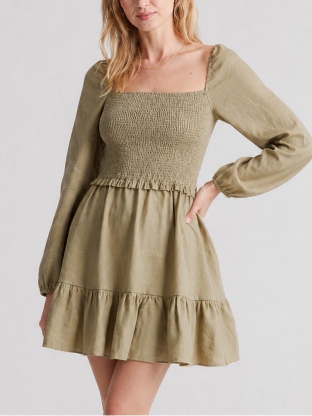 Quince 100% European Linen Smocked Mini Dress Size XS Olive Green Long Sleeve